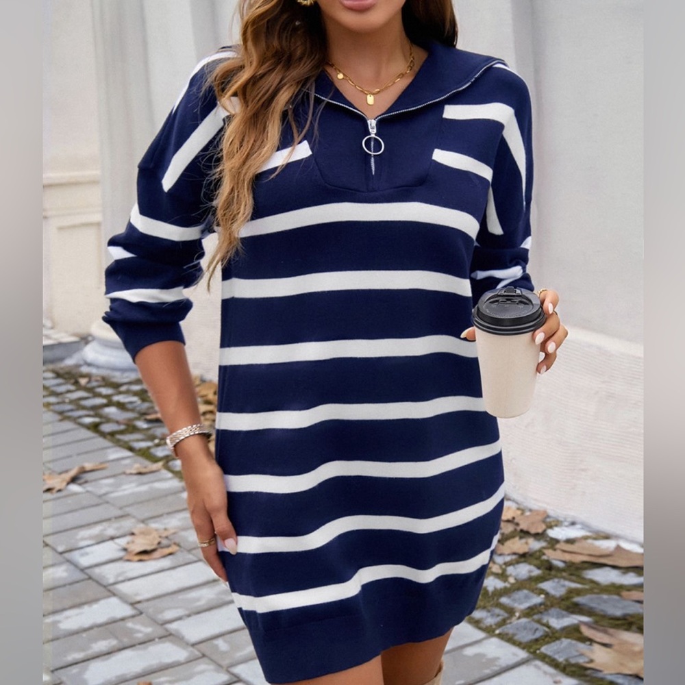 Devine Quarter Zip Striped Long Sleeve Sweater Dress
